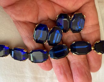 Sapphire blue crystal rhinestone bracelet and clip-on earrings