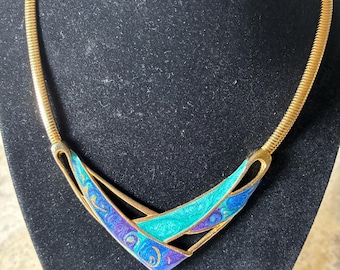 Vtg blue enameled bib necklace with omega chain circa 1980's