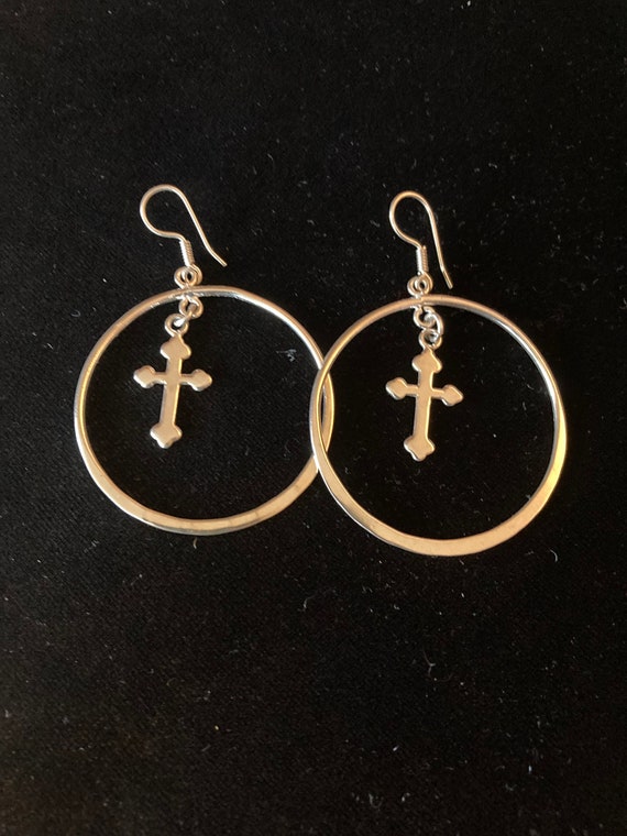 Large sterling silver hoops with stylized cross da