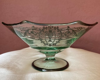 Vintage sterling overlaid green tinted footed octagonal glass serving bowl ~ 7 inches