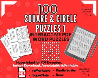 May include: A red graphic with the text "100 SQUARE & CIRCLE PUZZLES 1" and "INTERACTIVE PDF WORD PUZZLES." Includes a PDF icon, a tablet, and a stylus. The graphic also lists "reMarkable," "Kindle Scribe," "SuperNote," and "Boox."