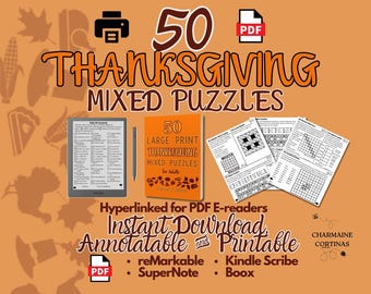 May include: An image showcasing a collection of Thanksgiving-themed puzzles, including a book, digital tablet, and printed sheets. The text reads "50 Thanksgiving Mixed Puzzles" and "Instant Download Annotatable and Printable."