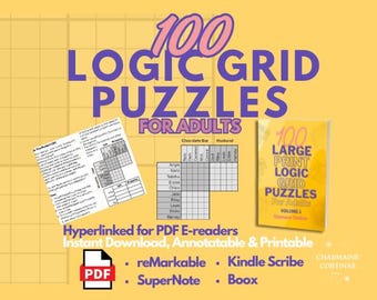100 Logic Grid Puzzle Book For Adults Instant Download PDF For Tablet Ipad Kindle Scribe Supernote Remarkable Boox PC Vol 1 Gift