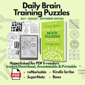Könnte beinhalten: Ein grünes Buch mit dem Titel "Page-A-Day Brain Training Puzzles" mit dem Text "July-August-September Edition". Das Bild zeigt auch ein PDF-Symbol, ein digitales Tablet mit Rätseln und die Worte "Hyperlinked for PDF E-readers, Instant Download, Annotatable & Printable."