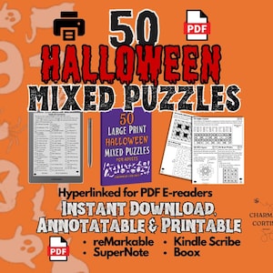 Può includere: Uno sfondo arancione con grafica e testo a tema Halloween. Il testo recita "50 Halloween Mixed Puzzles" e "Download istantaneo". È presente un'icona PDF. L'immagine include un tablet, un libro e pagine di puzzle.