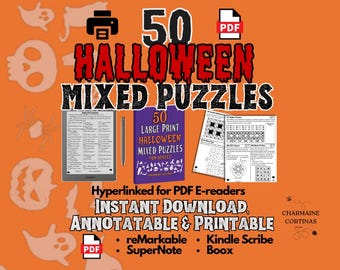 May include: An orange background features Halloween-themed graphics and text. The text reads "50 Halloween Mixed Puzzles" and "Instant Download." A PDF icon is present. The image includes a tablet, a book, and puzzle pages.