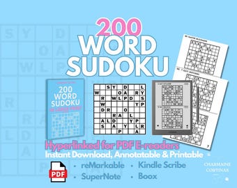 May include: A digital download of a Sudoku puzzle book, "200 Word Sudoku in Large Print." The image shows sample puzzles, a PDF icon, and text stating "Hyperlinked for PDF E-readers." The background is light blue.