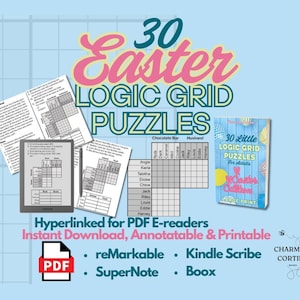 Może przedstawiać: Jasnoniebieska grafika z tekstem "30 Easter Logic Grid Puzzles". Obraz zawiera przykłady łamigłówek, małą książkę i tekst "Hyperlinked for PDF E-readers, Instant Download, Annotatable & Printable."