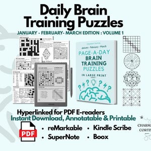 May include: A promotional image for "Daily Brain Training Puzzles" featuring a book, an e-reader, and various puzzle examples. The book cover reads "Page-A-Day Brain Training Puzzles" in large print. The image also highlights compatibility with reMarkable, Kindle Scribe, SuperNote, and Boox.