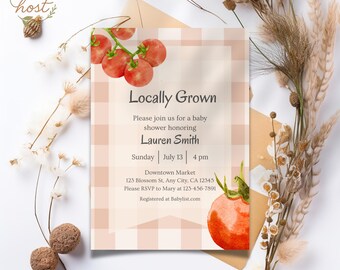 Locally Grown Baby Shower Invitation, Editable Canva Template, Farmers Market, Tomato, Picnic, Garden Party Baby Shower Invite,