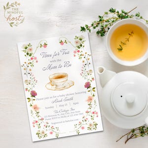 C&#39;est l&#39;heure du thé avec une invitation à une baby shower, modèle de toile modifiable, tea party, floral, printemps, invitation baby shower d&#39;été.