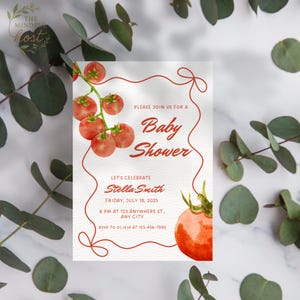Invitación para baby shower de tomate, plantilla de Canva editable, vegetal, rojo, verano, invitación para baby shower de picnic.