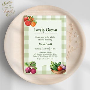 Locally Grown Baby Shower Invitation, Editable Canva Template, Farmers Market, Garden Vibes, Gender Neutral, Tomato, Vegetable, Picnic.