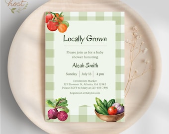 Locally Grown Baby Shower Invitation, Editable Canva Template, Farmers Market, Garden Vibes, Gender Neutral, Tomato, Vegetable, Picnic.