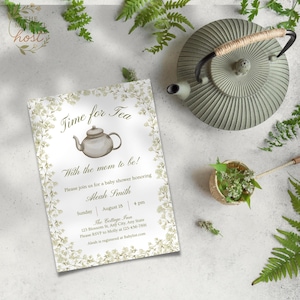 C&#39;est l&#39;heure du thé avec une invitation à une baby shower, modèle de toile modifiable, tea party, floral, printemps, invitation baby shower d&#39;été.