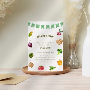 Locally Grown Baby Shower Invitation, Editable Canva Template, Farmers Market, Vegetable, Picnic, Gender Neutral Invite.