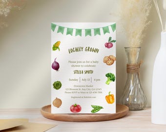 Locally Grown Baby Shower Invitation, Editable Canva Template, Farmers Market, Vegetable, Picnic, Gender Neutral Invite.