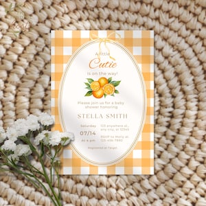 A Little Cutie Is On The Way Baby Shower Invitation, Editable Canva Template, Orange, Citrus, Fruit Baby Shower Invitation.