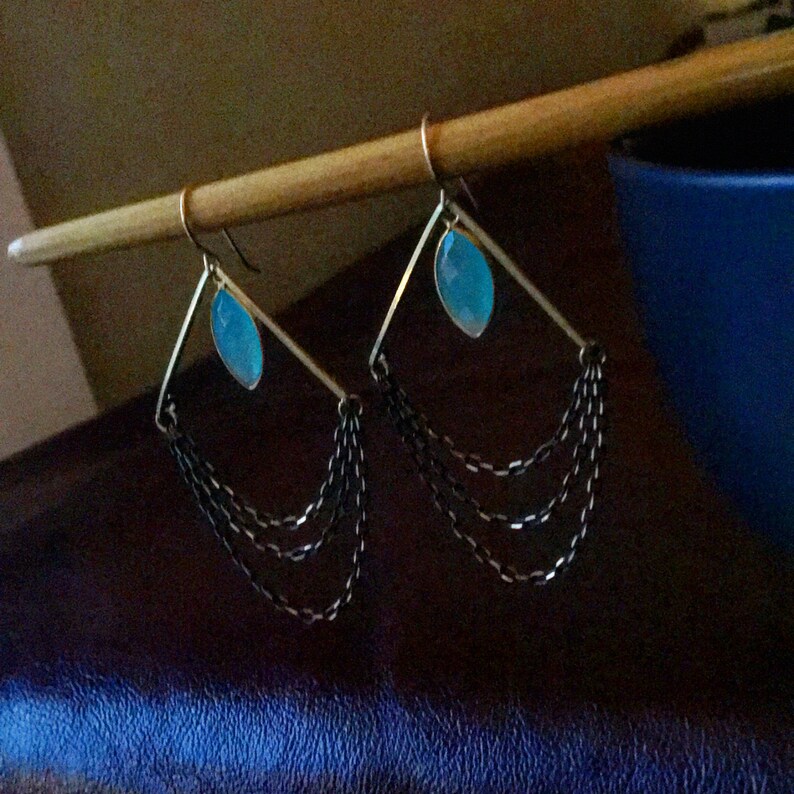 Aqua quartz hammered brass and chain earrings.