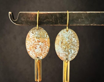 Patina metal and brass earrings. Patina jewelry. Hammered metal. Oxidized metal.
