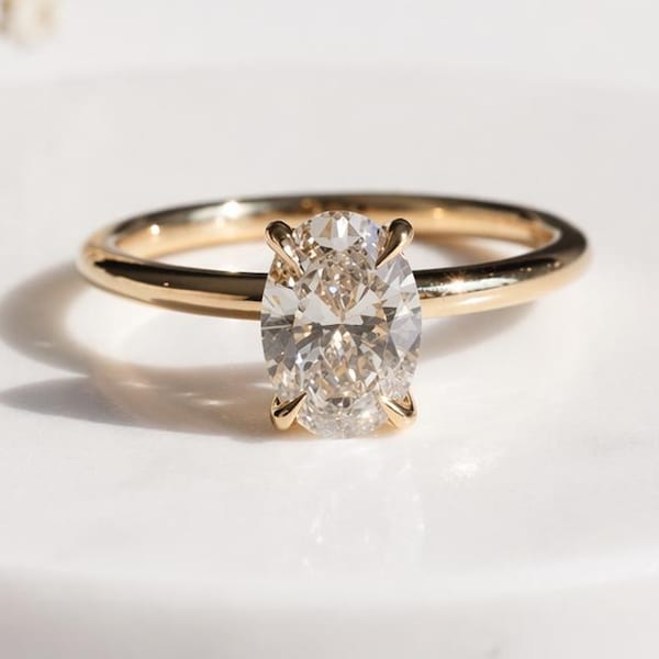 Anillo de compromiso ovalado de moissanita de 2,5 quilates - Anillo solitario de oro de 14 quilates, alternativa a la moissanita, anillo de boda ovalado para mujer