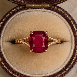 Pode incluir: Um anel de ouro com uma grande pedra preciosa de rubi com corte almofada. O anel é exibido em uma caixa de joias redonda, bordô, aberta, com interior creme. A banda do anel se divide em duas delicadas pontas em cada lado do rubi.