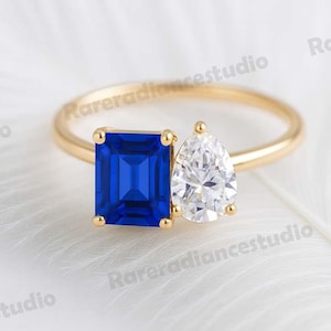 5.50 TCW Toi Et Moi Blue Sapphire & Pear Cut Moissanite Engagement Ring Vintage Wedding Ring 14K Solid Gold Dainty Ring Two Stone Ring Gift