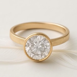 Round Cut Moissanite Solitaire Ring 10K Solid Gold, Full Bezel Minimalist Engagement Ring, Wedding Jewellery Gift for Women, Promise Ring