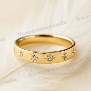moissanite Starburst Wedding Band Ring, 14k Solid Gold Dainty Star Setting Anniversary Band, Pave Celestial Ring Women,Matching Band Gift