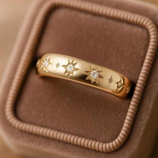 10K Gold Starburst Diamond Ring, Star Setting Celestial Ring, Gold Ring, Silver Ring, Dainty Ring, Minimalist Jewelry, Proposal Gift for Her
