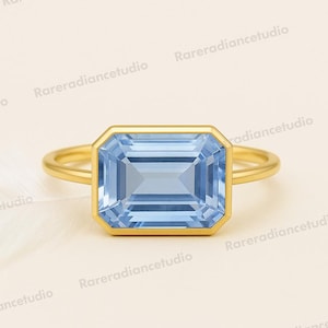 Emerald Cut Aquamarine Ring 14K Solid Gold Solitaire Ring for Women, Wedding Engagement Jewellery, Dainty Fine Ring Anniversary Gift
