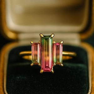 Vintage Watermelon Tourmaline Engagement Ring - Art Deco Asymmetric Ring in 14K Gold | Bi-Color Statement Ring Promise Gift Ring for Her