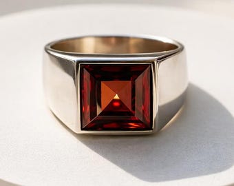 Red Garnet Signet Ring for Men, Square Garnet Ring, Sterling Silver Statement Ring, Vintage Style Mens Jewelry