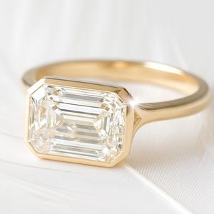 Emerald Cut Moissanite Ring • 14k Solid Gold Bezel Engagement Band • 2ct Lab Solitaire • Minimalist Handmade Bridal Gift for Women Gift Mom