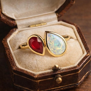 Pear Cut Ruby & Pink Opal Toi Et Moi Engagement Ring, Two Birthstone Ring, Bezel Set Gold Anniversary Ring, Romantic Promise Gift for Her