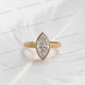 Marquise Cut Moissanite Engagement Ring, Thick Band Bezel Set Diamond Solitaire Ring, Plain Wide Band Gold Proposal Ring, Anniversary Gift
