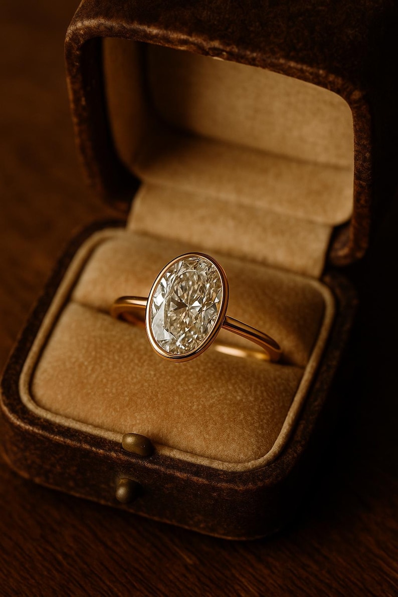 May include: A gold engagement ring with an oval-cut diamond set in a bezel setting. The ring is displayed in a brown velvet ring box, open on a wooden surface. The diamond sparkles with light.