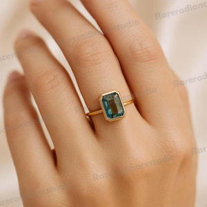 14K Yellow Gold Emerald Cut Teal Sapphire Engagement Ring, Bezel Set Ring, Gold Bridal Ring, Promise Ring, Handmade Ring, Gift For Her