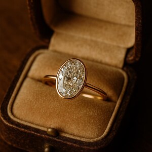 May include: A gold engagement ring with an oval-cut diamond, set in a bezel setting. The ring is displayed in a brown velvet ring box, open on a wooden surface. The diamond sparkles, reflecting light.