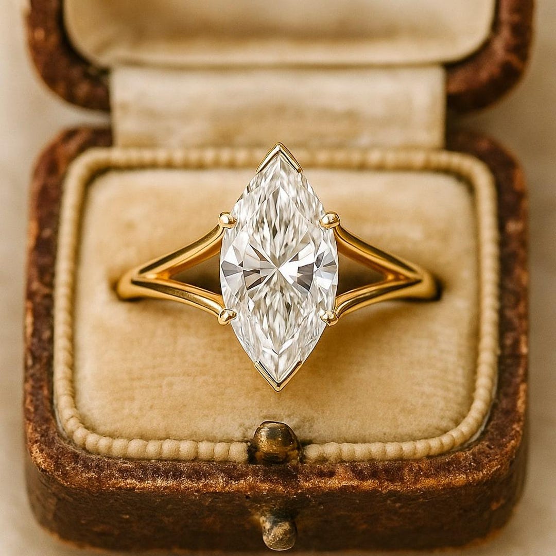Marquise Cut Moissanite Split Shank Ring 10K Yellow Gold Solitaire Ring ...