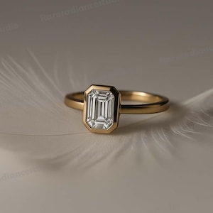 3 CT Emerald Cut Moissanite Engagement Ring, Bezel Set Diamond Solitaire Ring, 14k Solid Gold Wedding Ring, Bridal Anniversary Gift For Her