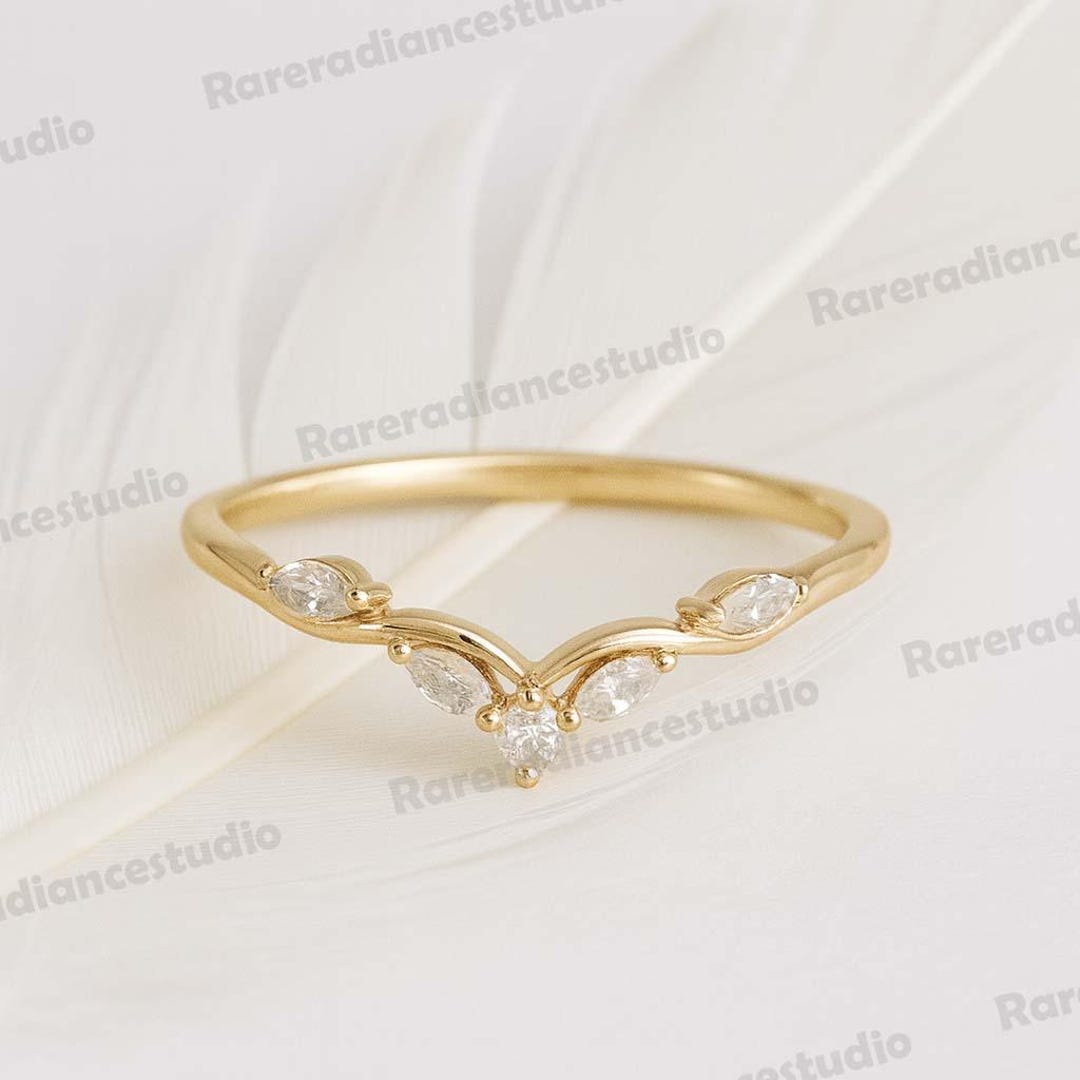 Marquise Cut Moissanite Curved Wedding Band Unique Yellow Gold Diamond ...