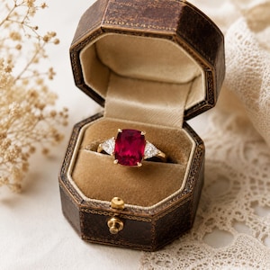 May include: A gold ring featuring a large, rectangular cushion-cut red gemstone at the center, flanked by two smaller triangular-cut clear stones on each side, presented inside an octagonal brown velvet-lined jewelry box.