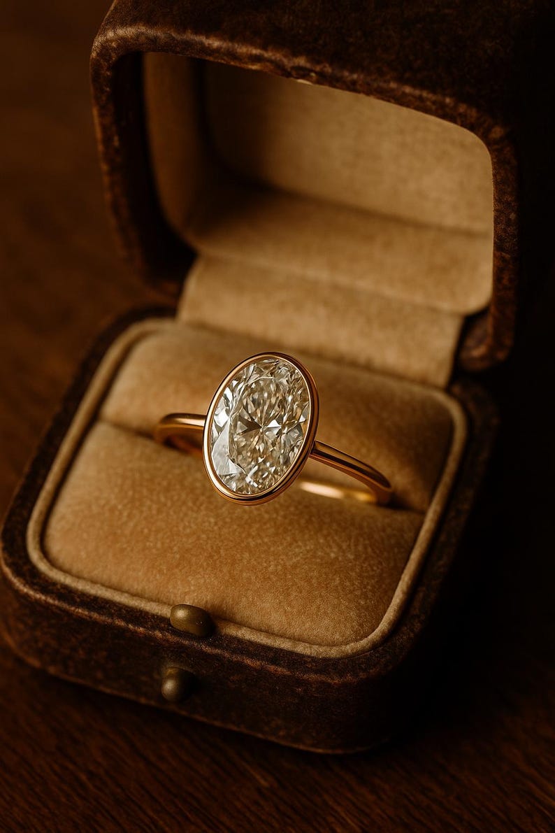 May include: A gold engagement ring with an oval-cut diamond, set in a bezel setting. The ring is displayed in a brown velvet ring box, open on a wooden surface. The diamond sparkles, reflecting light.