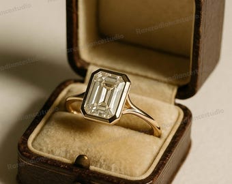 3CT Emerald Cut Moissanite Solitaire Ring in Solid Gold | Minimalist Bezel Set Engagement Ring | Modern Classic Wedding Jewelry Gift For Her