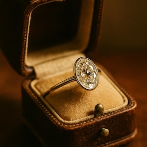 May include: A gold ring with a large, oval-cut diamond set in a bezel setting. The ring is displayed in a vintage brown leather ring box with a velvet interior. The box is closed with a small, brass clasp.