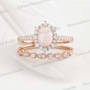Vintage Fire Opal & Diamond Engagement Ring Set Unique Oval Cut Opal Rose Gold Halo Promise Ring Bridal Set Anniversary Ring Gift for Women