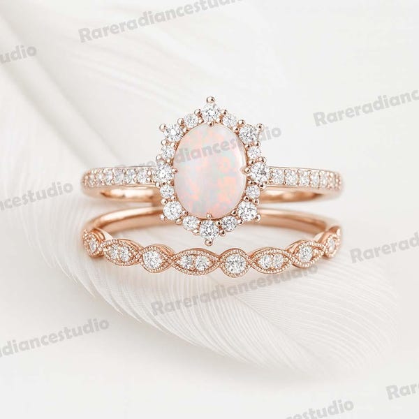 Vintage Fire Opal & Diamond Engagement Ring Set Unique Oval Cut Opal Rose Gold Halo Promise Ring Bridal Set Anniversary Ring Gift for Women
