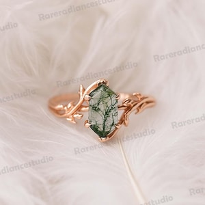 Long-Hexagon Cut Moss Agate Ring 925 Sterling Silver Ring Moss Agate Engagement Ring Branches Leaf Twig Nature Inspired Gift Ring For Her