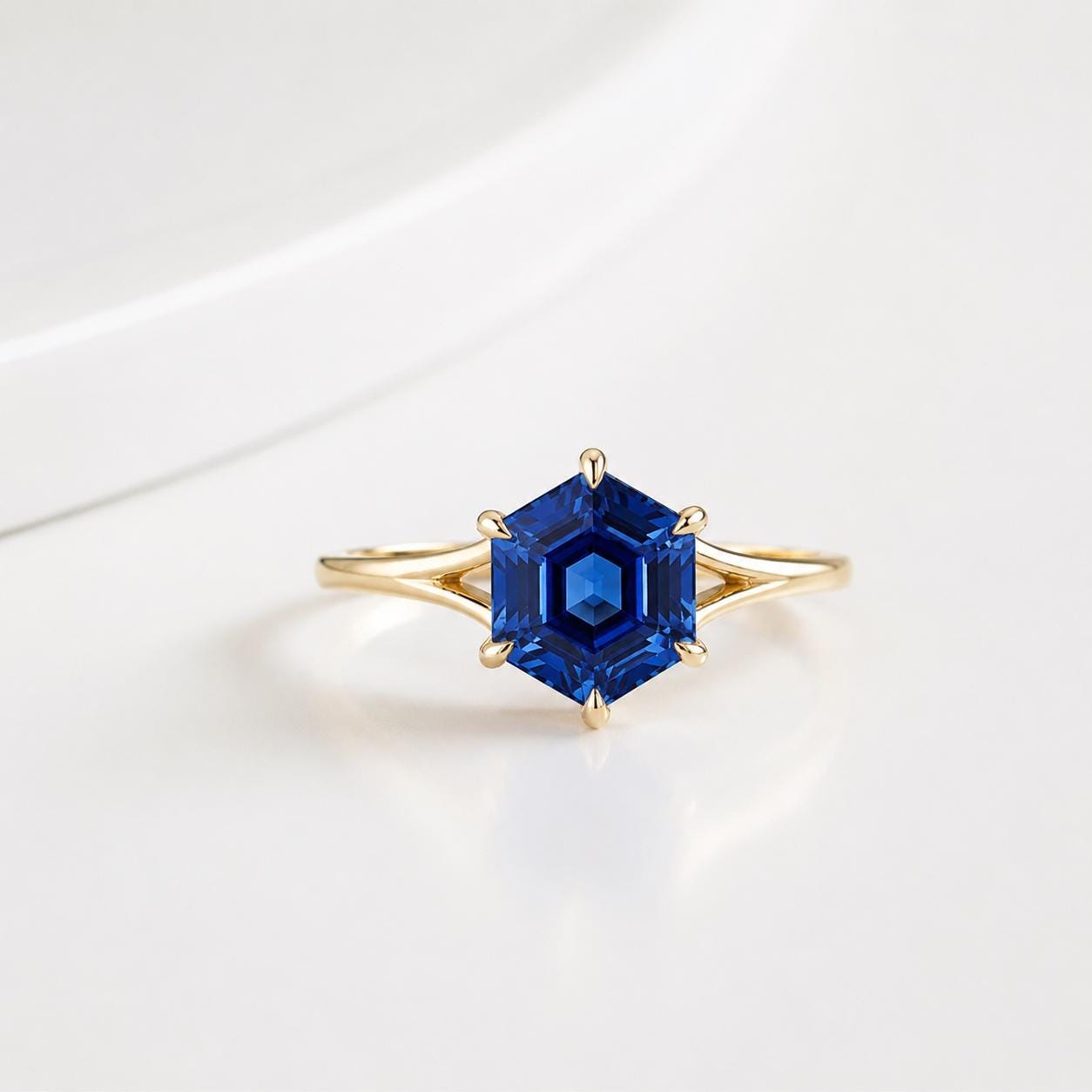 Hexagon Blue Sapphire Ring, Minimalist Engagement Ring, Geometric Promise Ring, Gold Solitaire Ring for Women, September Birthstone Jewelry